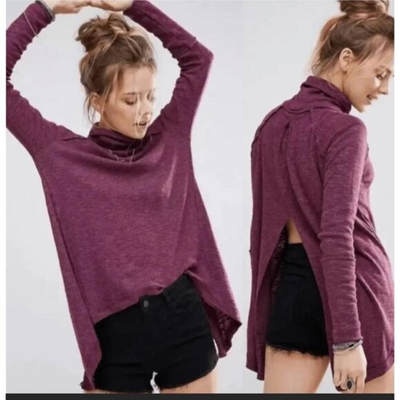 Free people Sz S burgundy juicy waffle knit split back top - Picture 2 of 8